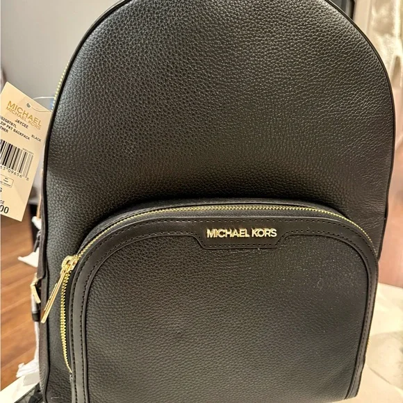 Black Leather Backpack with Gold Accents